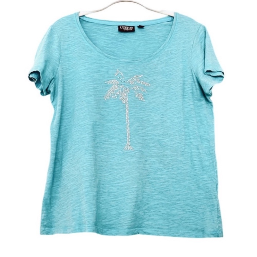 Onque Casuals Short Sleeve Cotton Tee Rhinestone Palm Tree Aqua Blue Size M
